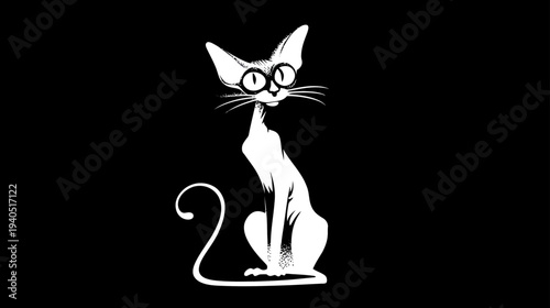 Elegant black and white cartoon cat with glasses. Quirky, sophisticated feline illustration on a dark background, perfect for stylish designs.