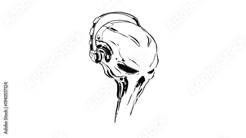 Abstract futuristic skull-like head wearing headphones, black and white line art illustration, digital cyberpunk style artwork.