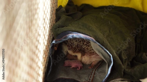 Newborn African pygmy hedgehog hoglet standing in fabric pouch with adult hedgehog behind near cage. Domestic hedgehog breeding and animal care concept. Design for poster, banner, card, print.