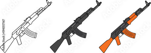 Minimal assault rifle icon set with outline dark gray and orange variations modern firearm illustration isolated on white