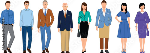 Diverse group of business professionals illustration showcasing formal and casual workplace fashion styles with suits blazers dresses and accessories