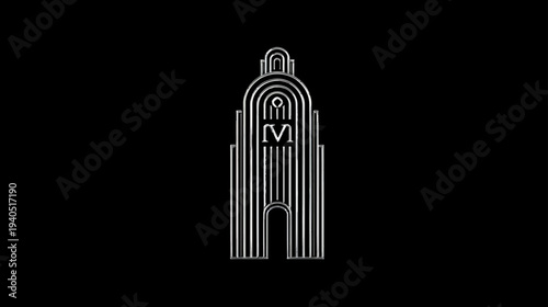 Elegant abstract Art Deco architecture graphic, symmetrical geometric design with white lines and central symbol on black background