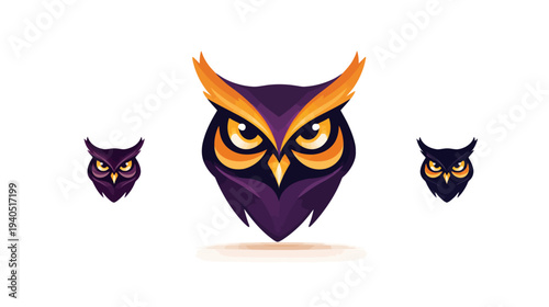 Modern stylized owl head graphic design with vibrant purple and orange colors on a clean white background, abstract mascot illustration