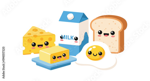 Charming breakfast foods milk toast cheese and egg are depicted with cute expressive faces silhouette high quality professional detailed