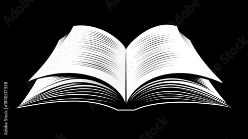 Stylized open book vector illustration, symbolizing knowledge, education, wisdom, reading, and learning on black background.