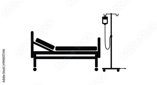 Hospital bed and iv drip stand in a stark black silhouette