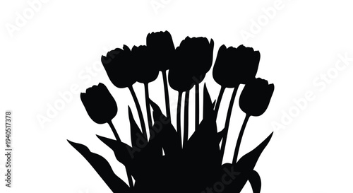 A bouquet of black tulips with lush leaves striking silhouette