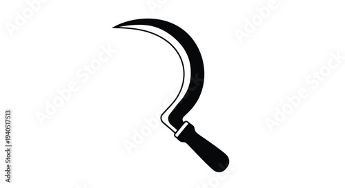 A black scythe illustration against a white background silhouette