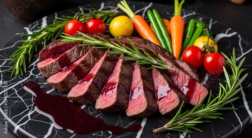 Gourmet Sliced Duck or Beef Steak with Colorful Vegetables Fine Dining