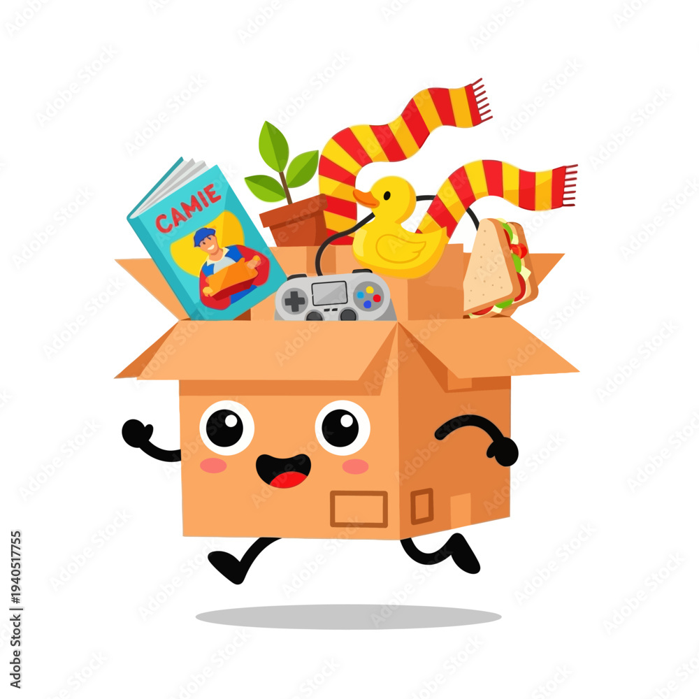 Fototapeta premium Happy Cardboard Box Character Running with Packed Belongings