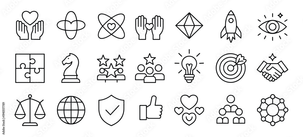 Fototapeta premium Collection of black line representing business concepts and values