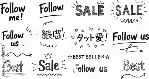 Hand drawn lettering set, follow me, follow us, sale, best seller, social media marketing call to action, sketch vector illustration