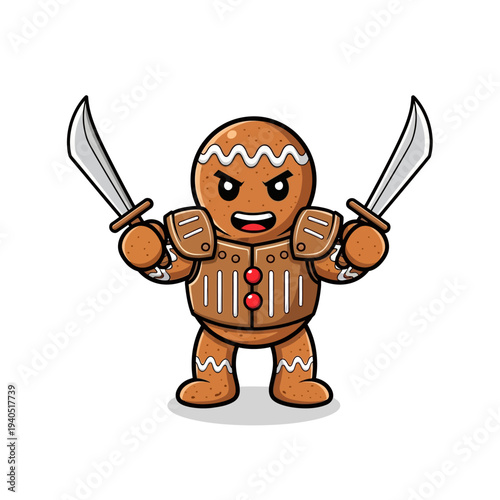 Gingerbread warrior with swords, cute cartoon character, funny, festive, holiday, christmas