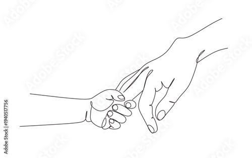 continuous single line drawing of child holding finger of mothers hand  line art vector illustration