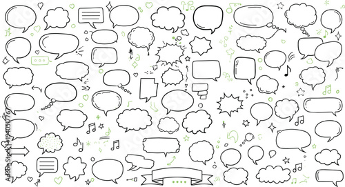 Hand drawn doodle speech bubble, comic chat balloon, think clouds, message frames, communication elements, talk box, sketch vector illustration