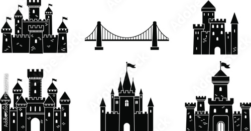 Castle and suspension bridge silhouette vector set featuring medieval towers, turrets, battlements, flags, and urban infrastructure design elements