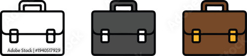 Minimal briefcase icon set with outline dark gray and brown variations business bag vector illustration isolated on white
