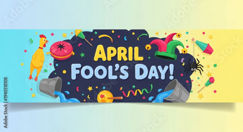 Colorful april fools' day banner with confetti and jester hat on blue and yellow background
