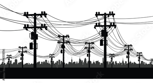 A striking black silhouette of power lines and city skyline against a bright white background silhouette high quality professional detailed modern