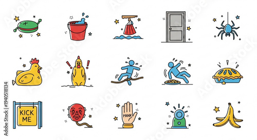 Colorful cartoon stickers of various funny objects and characters on white background