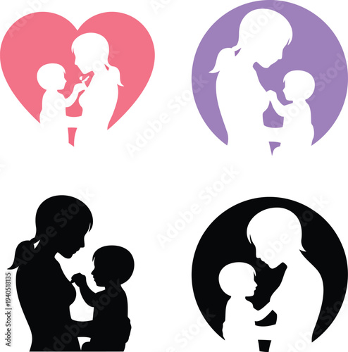 Motherhood Silhouettes depicting mothers with children, with mother's day.