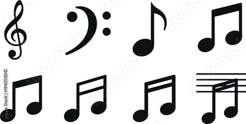 Large collection of solid black music note silhouette vector icons, treble clef, bass clef and stave for musical notation, sound melody,