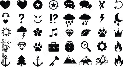 Large collection of solid black silhouette vector icons featuring hearts, stars, clouds, music notes, diamonds, and nature symbols for design,