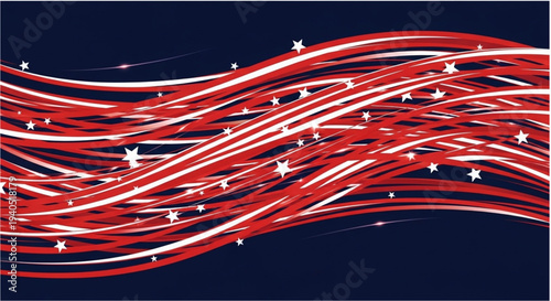 Glowing ribbons and stars create a digital patriotic energy on dark blue.