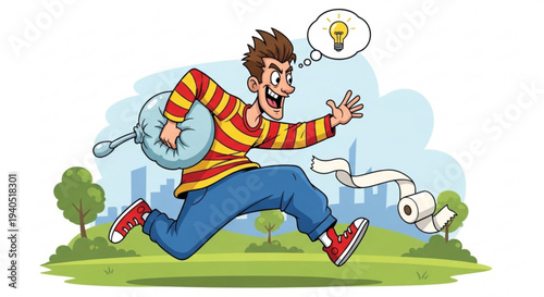 Man running with toilet paper and money bag in city park with lightbulb idea