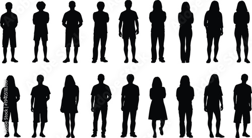 Collection of diverse people silhouettes in casual standing poses, men and women vector figures for architectural visualization and urban design
