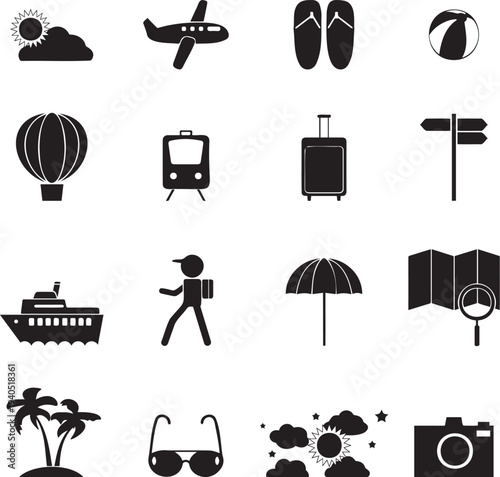 Collection of travel and vacation icons representing various modes of transportation and activities for a fun and adventurous getaway or holiday experience.