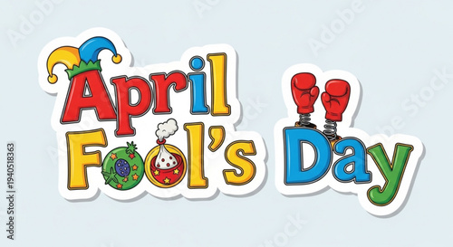 Colorful april fool's day text with jester hat boxing gloves and festive icons on light blue background
