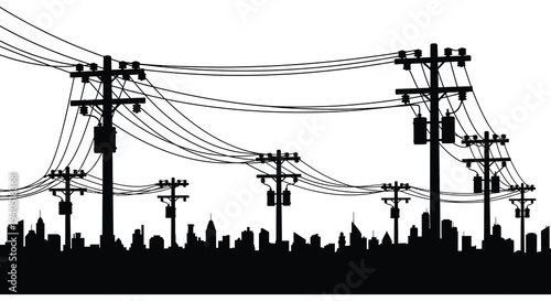 A stark black silhouette depicts power lines and city skyline against a bright white background silhouette high quality professional detailed modern
