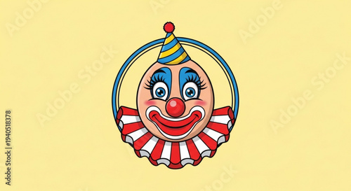 Smiling clown face with colorful makeup and hat on yellow background circus entertainment concept
