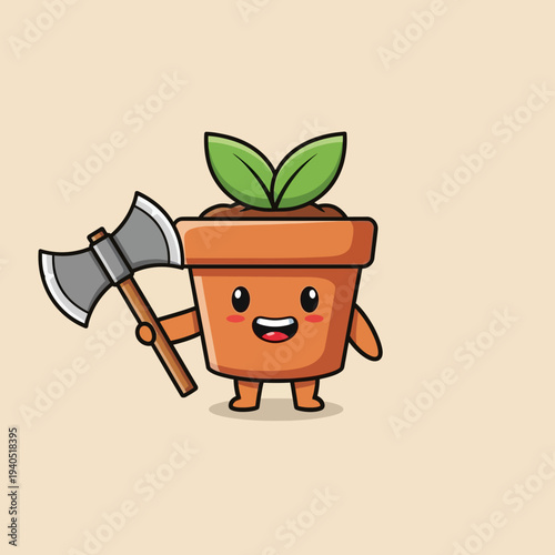 Cute potted plant character with an axe, cartoon style, funny and quirky