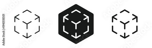 Modern Cubic AR VR Technology Icon Set: Three Minimalist Geometric 3D Concept Designs for Logistics and Innovation. Isometric pictogram of cube