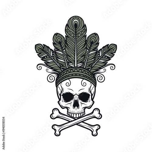 Skull with Feathers and Crossbones - Tribal Warrior Headdress, Day of the Dead