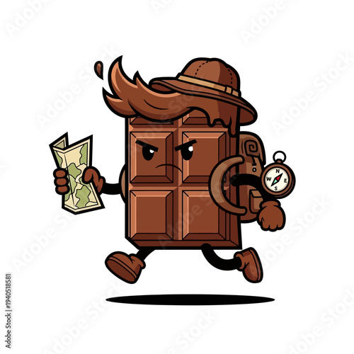 Adventurous Chocolate Bar Character with Map and Compass on Expedition