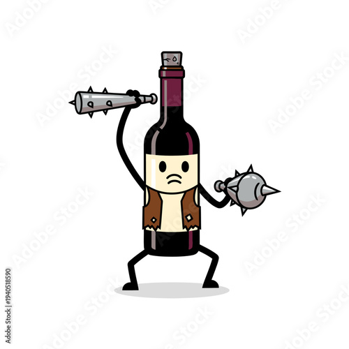 Cartoon wine bottle warrior with mace weapons, funny character, illustration