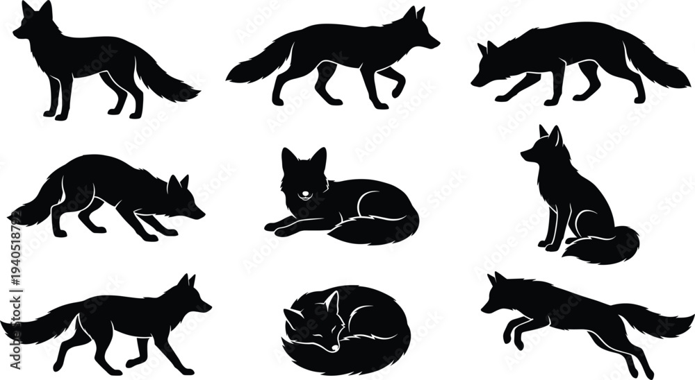 Naklejka premium Black fox silhouettes in various poses including jumping, sitting, running, and sleeping, isolated on white background vector illustration