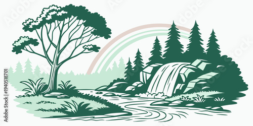Minimalist flat illustration of a serene forest waterfall with rainbow mist, surrounded by lush trees and greenery.