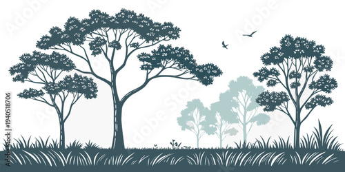 Illustration of a serene forest wildlife clearing with trees, grass, and birds in a natural landscape setting.