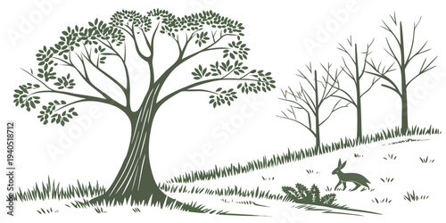 A serene forest wildlife clearing with trees, grass, and a running rabbit in a natural, peaceful environment.