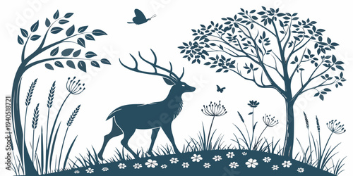 A majestic stag with antlers walks through a serene forest landscape with trees, flowers, and birds in a peaceful natural setting.