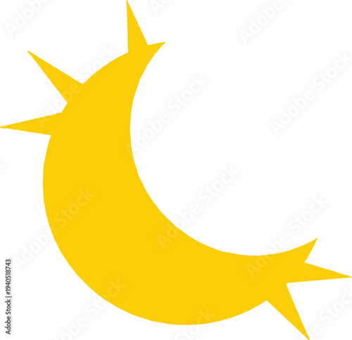 Solid yellow crescent moon silhouette vector icon with sharp pointed edges for night sky, evening celestial design, and astrological symbol,