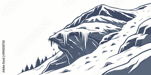 Detailed illustration of a frozen mountain rock formation with icicles and snow, set against a white background