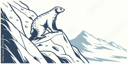 Detailed illustration of a seal perched on a rocky mountain slope with a scenic view of snow-capped peaks in the background.