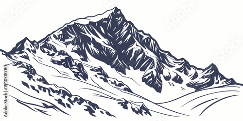 Detailed illustration of a snowy mountain range with rugged peaks and slopes in a flat vector style
