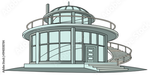 Futuristic glass spiral house with sci-fi theme, modern architecture, vector illustration of a high-tech circular building