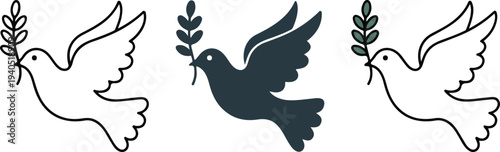 Minimal peace dove icon set with olive branch outline and teal silhouette flying bird symbol vector illustration